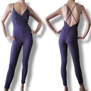 Trac Navy Blue & White Striped Jumpsuit With Criss-Cross Back